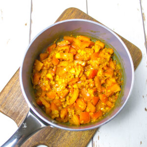 chopped tomatoes mixed with finely chopped shallot and ginger in a pan