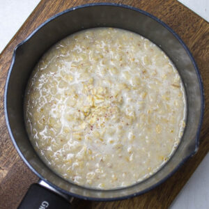 porridge and oat milk mixed in a pan