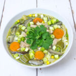 white bowl filled with chicken soup and noodles and topped with chopped salad onions and coriander