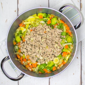 chopped vegetables and minced turkey meat in a pan on a white table